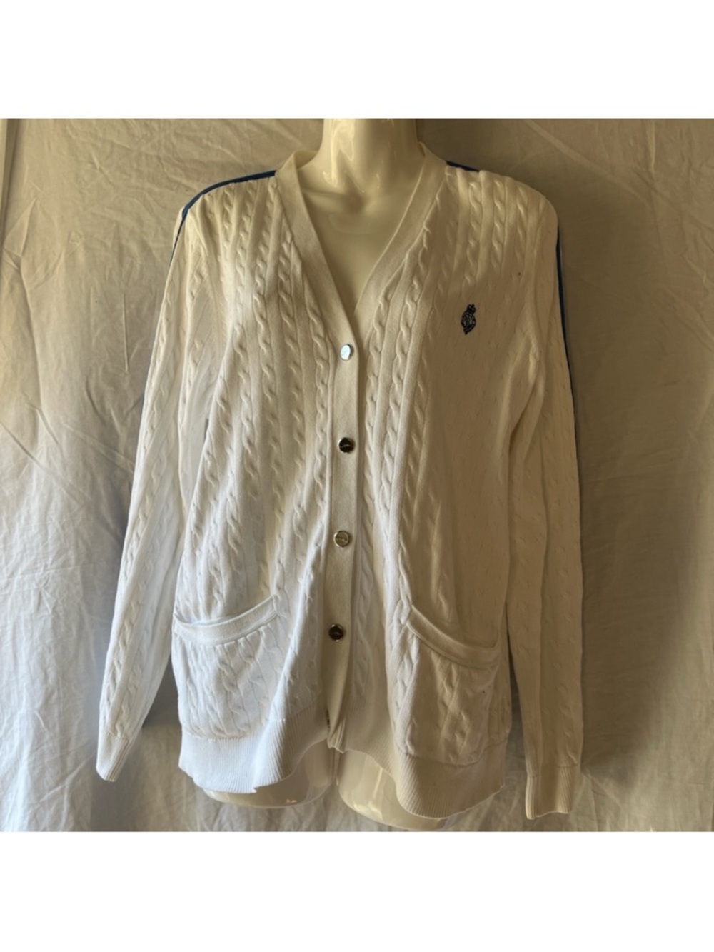 Ralph Lauren Preppy White Cable Knit Cardigan with Navy Shoulder Stripe